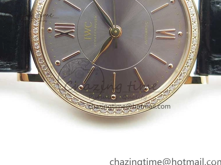 MIROTIME 1228 Durable Portofino 37mm RG V7F 1:1 Best Edition Gray Dial Diamonds Bezel on Black Leather Strap A 7089